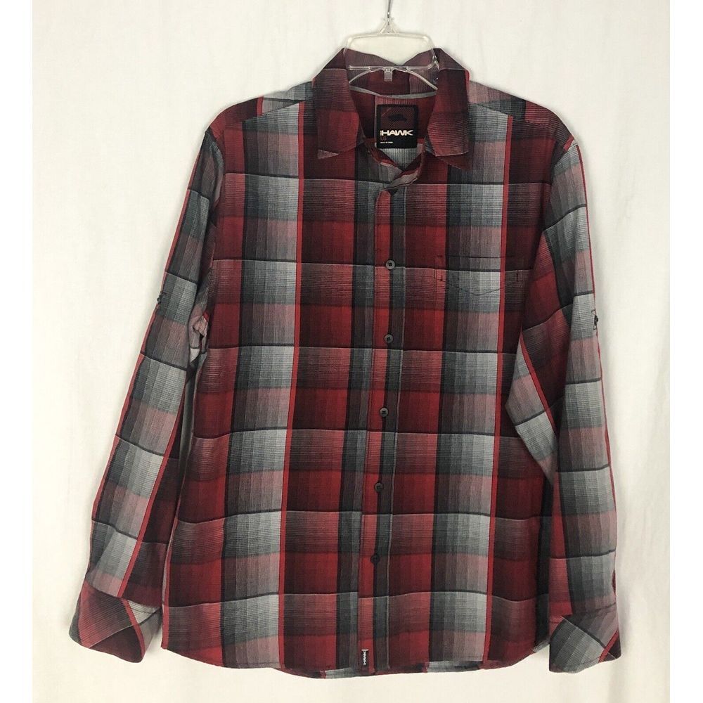 Tony Hawk Red and Gray Plaid Casual Button-Down Shirt